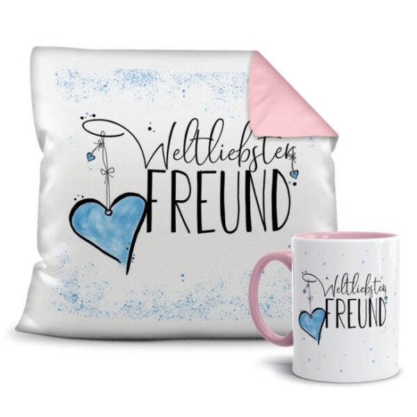 Dieses persönliche Geschenk-Set besteht aus einer Tasse und einem passenden Kissen mit Spruch - Weltliebster Freund - Kissen und Tasse Rosa. Das...