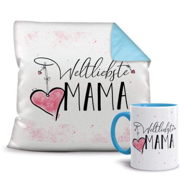 Unser persönliches Geschenk-Set bestehend aus einer Tasse und einem passenden Kissen mit Spruch - Weltliebste Mama - Kissen und Tasse Hellblau. Das...