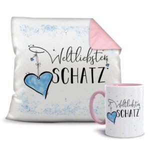 Dieses persönliche Geschenk-Set besteht aus einer Tasse und einem passenden Kissen mit Spruch - Weltliebster Schatz - Kissen und Tasse Rosa. Das...