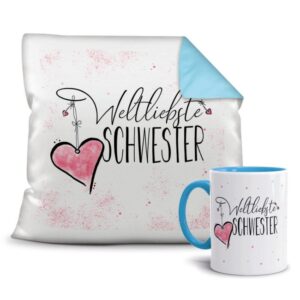 Dieses persönliche Geschenk-Set besteht aus einer Tasse und einem passenden Kissen mit Spruch - Weltliebste Schwester - Kissen und Tasse Hellblau....