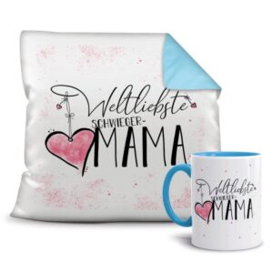 Dieses persönliche Geschenk-Set besteht aus einer Tasse und einem passenden Kissen mit Spruch - Weltliebste Schwiegermama - Kissen und Tasse...