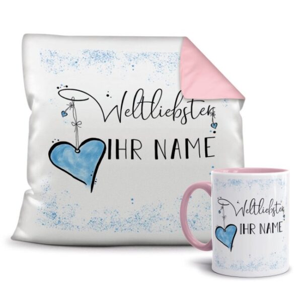 Dieses persönliche Geschenk-Set besteht aus einer Tasse und einem passenden Kissen mit Spruch - Weltliebster -NAME- Kissen und Tasse Rosa. Das Set...