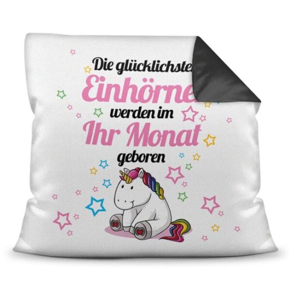 Einhornkissen zum Geburtstag - Glückliches Einhorn - Gib einfach den Wunschmonat des Geburtstagskindes an und fertig ist ein originelles...