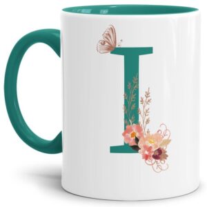 Liebevoll gestaltete Buchstaben-Tasse in Türkis - edler Kaffeebecher mit dem Buchstaben I" mit besonderer