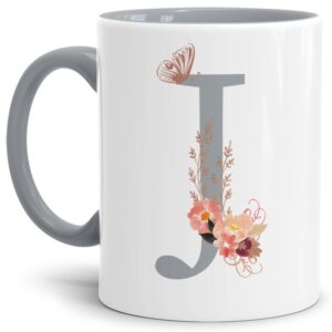 Liebevoll gestaltete Buchstaben-Tasse in Grau - edler Kaffeebecher mit dem Buchstaben J" mit besonderer