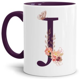 Liebevoll gestaltete Buchstaben-Tasse in Violett - edler Kaffeebecher mit dem Buchstaben J" mit besonderer