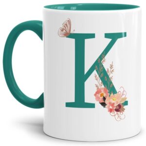 Liebevoll gestaltete Buchstaben-Tasse in Türkis - edler Kaffeebecher mit dem Buchstaben K" mit besonderer