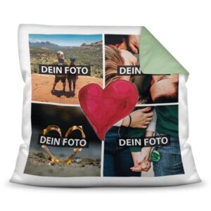 Dieses Kissen mit Fotocollage und Herz in der Mitte kannst Du mit Deinen vier Lieblingsfotos selbst gestalten. Kreiere eine besondere Deko für Dein...