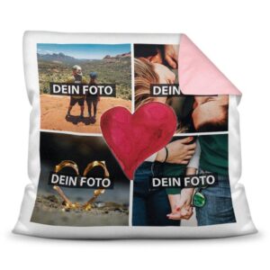 Dieses Kissen mit Fotocollage und Herz in der Mitte kannst Du mit Deinen vier Lieblingsfotos selbst gestalten. Kreiere eine besondere Deko für Dein...