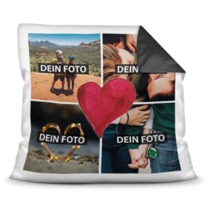 Dieses Kissen mit Fotocollage und Herz in der Mitte kannst Du mit Deinen vier Lieblingsfotos selbst gestalten. Kreiere eine besondere Deko für Dein...