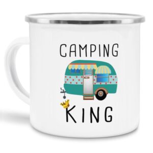 Die große Emailletasse mit lustigem Spruch - Camping King - ist eine tolle Geschenkidee für Campingfans und ein Must-have für jedes Wohnmobil. Mit...