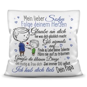 Liebevoll gestaltetes Kissen für Kinder. Perfekt als Geschenk von Papa für den Sohn