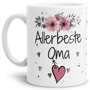 Einfach mal DANKE sagen - für die allerbeste Oma - über diesen Kaffeebecher mit dem liebevoll designten Blumenmotiv freut sich garantiert jede Oma....