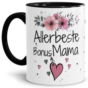 Einfach mal DANKE sagen - für die allerbeste Bonus-Mama - über diesen Kaffeebecher mit dem liebevoll designten Blumenmotiv freut sich garantiert...