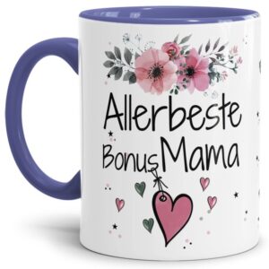 Einfach mal DANKE sagen - für die allerbeste Bonus-Mama - über diesen Kaffeebecher mit dem liebevoll designten Blumenmotiv freut sich garantiert...