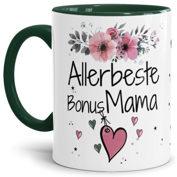 Einfach mal DANKE sagen - für die allerbeste Bonus-Mama - über diesen Kaffeebecher mit dem liebevoll designten Blumenmotiv freut sich garantiert...