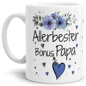 Einfach mal DANKE sagen - für den allerbesten Bonus-Papa - über diesen Kaffeebecher mit dem liebevoll designten Blumenmotiv freut sich garantiert...