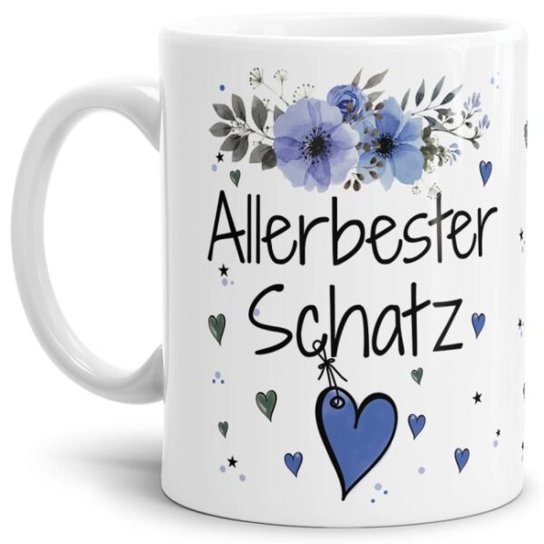 Einfach mal DANKE sagen - für den allerbesten Schatz - über diesen Kaffeebecher mit dem liebevoll designten Blumenmotiv in Blau freut sich...