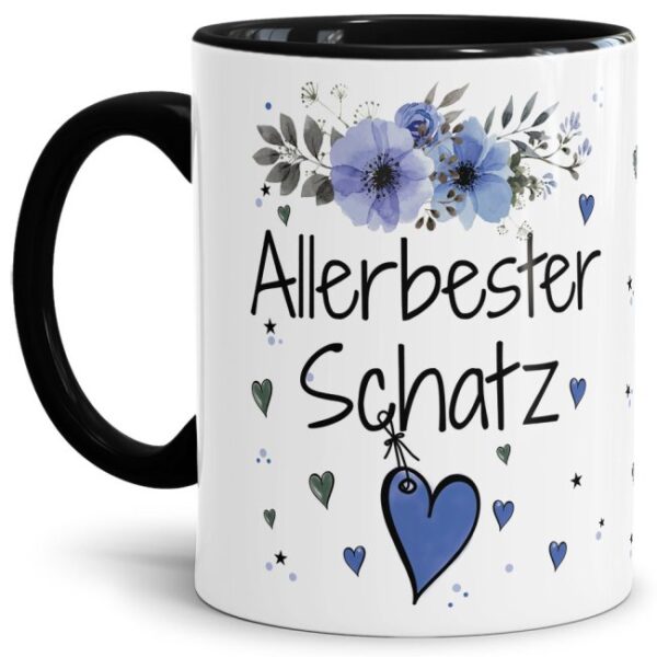 Einfach mal DANKE sagen - für den allerbesten Schatz - über diesen Kaffeebecher mit dem liebevoll designten Blumenmotiv in Blau freut sich...