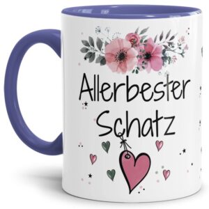 Einfach mal DANKE sagen - für den allerbesten Schatz - über diesen Kaffeebecher mit dem liebevoll designten Blumenmotiv in Rosa freut sich...