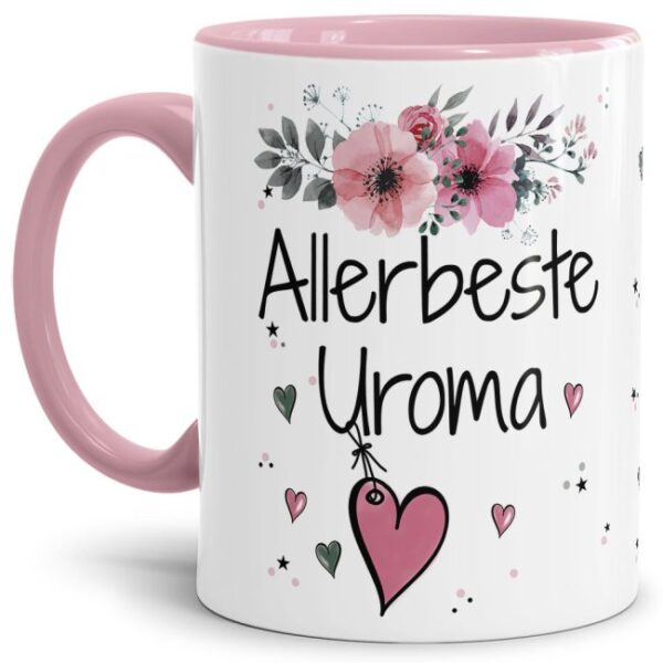 Einfach mal DANKE sagen - für die allerbeste Uroma - über diesen Kaffeebecher mit dem liebevoll designten Blumenmotiv freut sich garantiert jede...