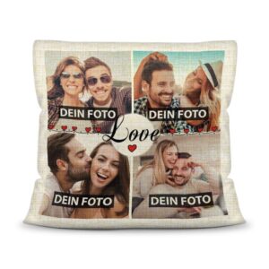 Kissen mit Fotocollage und passendem Spruch inklusive Kissenfüllung in Leinenoptik - LOVE - zum selbst Gestalten mit vier eigenen Fotos. Ein ganz...