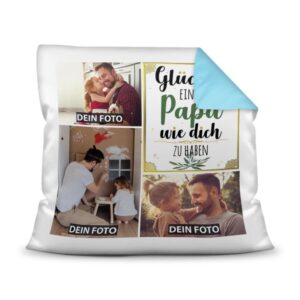 Kissen mit Fotocollage und passendem Spruch inklusive Kissenfüllung - GLÜCK - zum selbst Gestalten mit drei eigenen Fotos für den liebsten Papa....