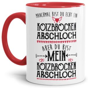 Bedruckte Kaffeetasse aus hochwertiger Keramik in mit rotem Akzent und lustigem Spruch für den liebsten Mann oder Freund