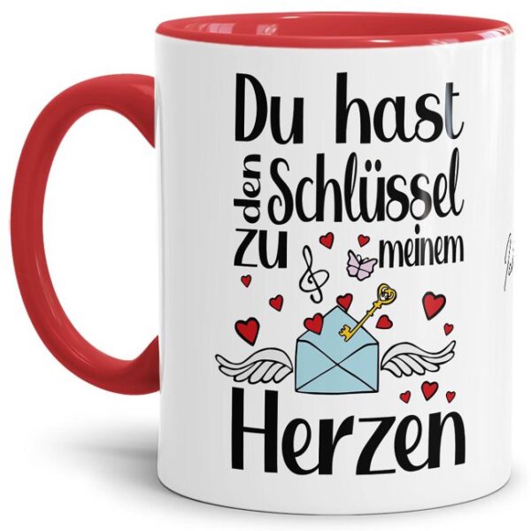 Du hast den Schlüssel zu meinem Herzen - das klingt einfach toll und sagt alles - über diese liebevoll gestaltete Tasse mit rotem Akzent aus...