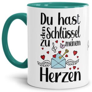 Du hast den Schlüssel zu meinem Herzen - das klingt einfach toll und sagt alles - über diese liebevoll gestaltete Tasse mit türkisfarbenem Akzent...