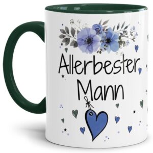 Liebevoll gestaltete Motivtasse - Innen & Henkel Dunkelgrün - mit süßem Spruch - Allerbester Mann. Ganz persönliches und originelles Geschenk und...