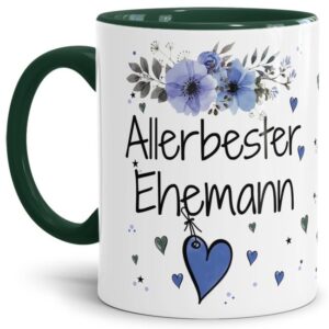 Liebevoll gestaltete Motivtasse - Innen & Henkel Dunkelgrün - mit süßem Spruch - Allerbester Ehemann. Ganz persönliches und originelles Geschenk...