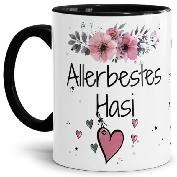 Liebevoll gestaltete Motivtasse - Innen & Henkel Schwarz - mit süßem Spruch - Allerbestes Hasi weiblich. Ganz persönliches und originelles Geschenk...