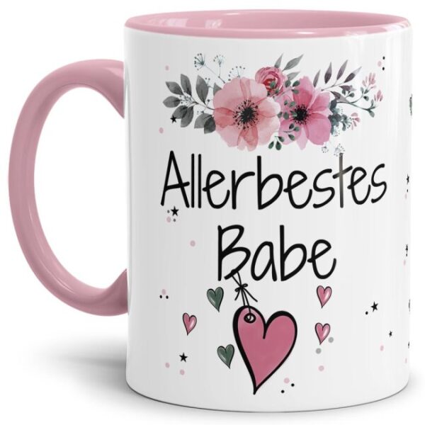 Liebevoll gestaltete Motivtasse - Innen & Henkel Rosa - mit süßem Spruch - Allerbestes Babe weiblich. Ganz persönliches und originelles Geschenk...