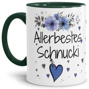 Liebevoll gestaltete Motivtasse - Innen & Henkel Dunkelgrün - mit süßem Spruch - Allerbestes Schnucki männlich. Ganz persönliches und originelles...