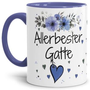 Liebevoll gestaltete Motivtasse - Innen & Henkel Cambridge Blau - mit süßem Spruch - Allerbester Gatte. Ganz persönliches und originelles Geschenk...