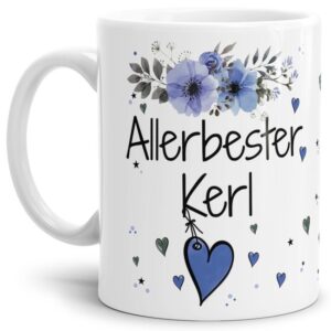 Liebevoll gestaltete Motivtasse - Weiß - mit süßem Spruch - Allerbester Kerl. Ganz persönliches und originelles Geschenk und süße Liebeserklärung...