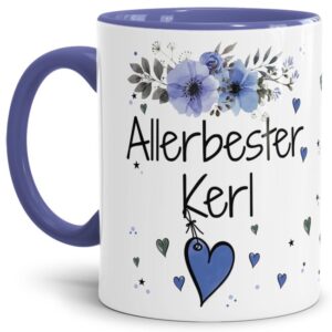 Liebevoll gestaltete Motivtasse - Innen & Henkel Cambridge Blau - mit süßem Spruch - Allerbester Kerl. Ganz persönliches und originelles Geschenk...