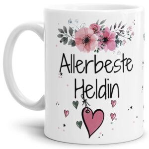 Liebevoll gestaltete Motivtasse - Weiß - mit süßem Spruch - Allerbeste Heldin. Ganz persönliches und originelles Geschenk und süße Liebeserklärung...