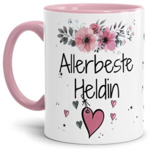 Liebevoll gestaltete Motivtasse - Innen & Henkel Rosa - mit süßem Spruch - Allerbeste Heldin. Ganz persönliches und originelles Geschenk und süße...