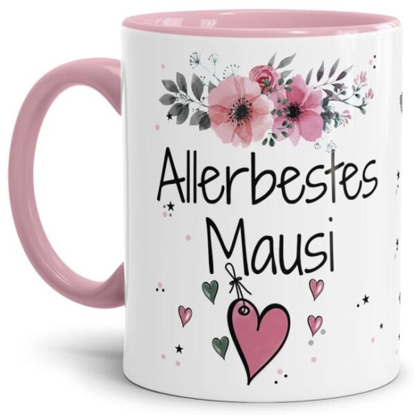 Liebevoll gestaltete Motivtasse - Innen & Henkel Rosa - mit süßem Spruch - Allerbestes Mausi weiblich. Ganz persönliches und originelles Geschenk...