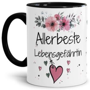 Liebevoll gestaltete Motivtasse - Innen & Henkel Schwarz - mit süßem Spruch - Allerbeste Lebensgefährtin. Ganz persönliches und originelles...