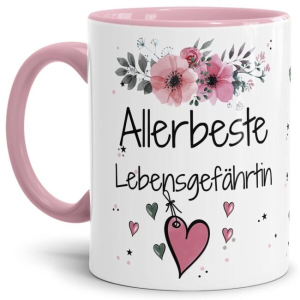 Liebevoll gestaltete Motivtasse - Innen & Henkel Rosa - mit süßem Spruch - Allerbeste Lebensgefährtin. Ganz persönliches und originelles Geschenk...