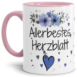 Liebevoll gestaltete Motivtasse - Innen & Henkel Rosa - mit süßem Spruch - Allerbestes Herzblatt männlich. Ganz persönliches und originelles...