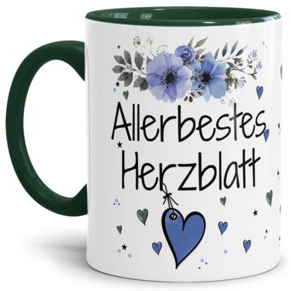 Liebevoll gestaltete Motivtasse - Innen & Henkel Dunkelgrün - mit süßem Spruch - Allerbestes Herzblatt männlich. Ganz persönliches und originelles...