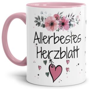 Liebevoll gestaltete Motivtasse - Innen & Henkel Rosa - mit süßem Spruch - Allerbestes Herzblatt weiblich. Ganz persönliches und originelles...