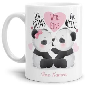 Süße Panda-Tasse mit besonderem Spruch - Ich Deins-Wir Eins-Du Meins - personalisierbar mit Deinen Wunschname als Paartassen zum selbst Gestalten....