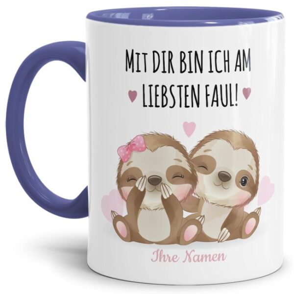 Niedliche Faultier-Tasse mit lustigem Spruch - Mit Dir bin ich am liebsten faul - süß als Namenstassen für Paare personalisierbar mit Deinem Namen...