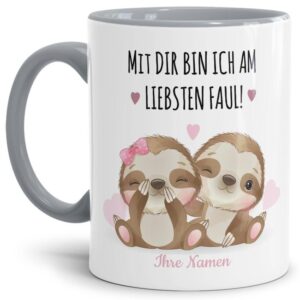 Niedliche Faultier-Tasse mit lustigem Spruch - Mit Dir bin ich am liebsten faul - süß als Namenstassen für Paare personalisierbar mit Deinem Namen...