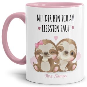 Niedliche Faultier-Tasse mit lustigem Spruch - Mit Dir bin ich am liebsten faul - süß als Namenstassen für Paare personalisierbar mit Deinem Namen...